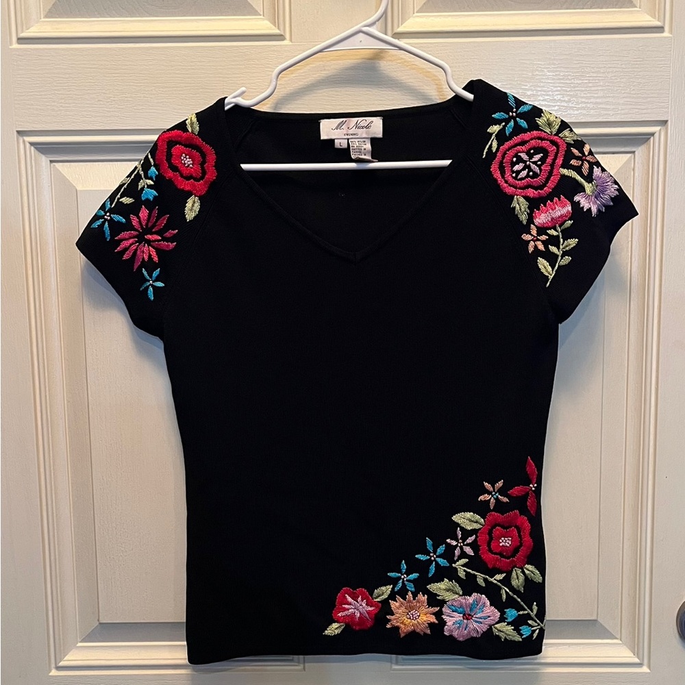 Black Knit Embroidered Floral Top